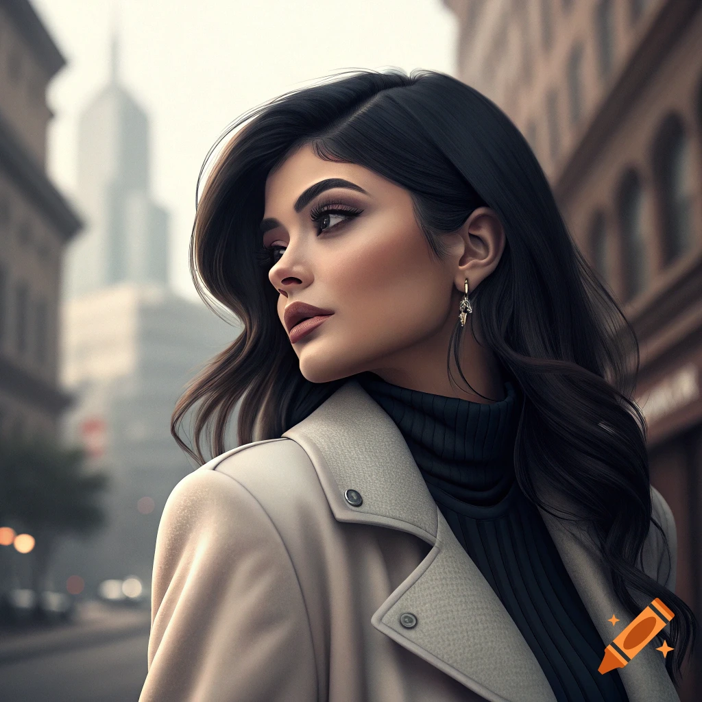 A woman in a beige coat looks over her shoulder on a city street, photorealistic style.