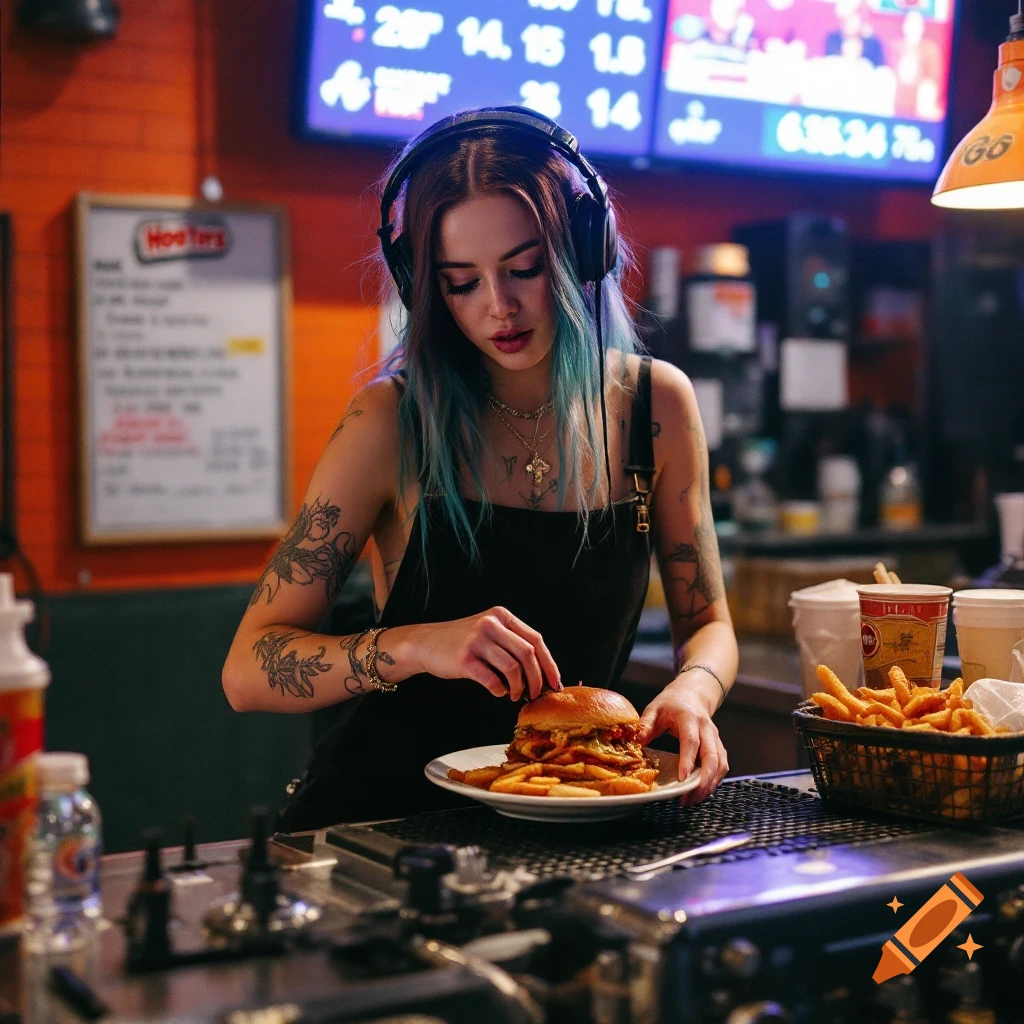 A woman wearing headphones and a black apron adjusts a burger and fries on a plate in a restaurant.