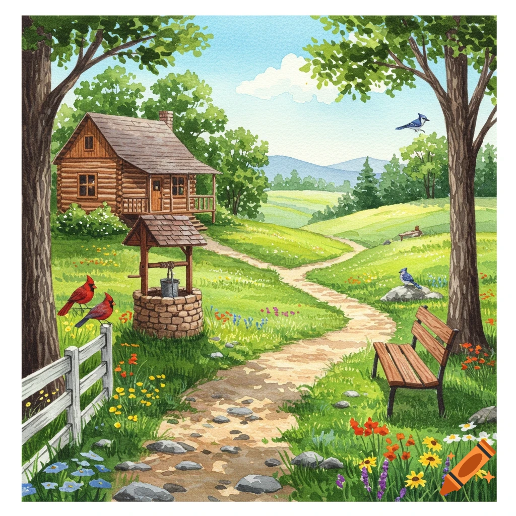 A watercolor painting depicts a peaceful landscape with a log cabin, wishing well, path, bench, trees, flowers, cardinals, bluejays, and squirrels.