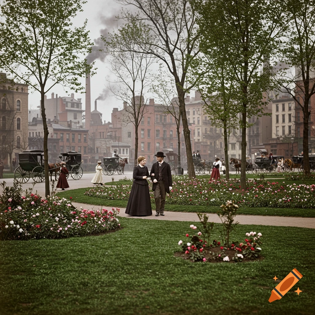 Historical photo of a couple walking in a park with flowers, horse carriages, and buildings with smoking chimneys in the background.