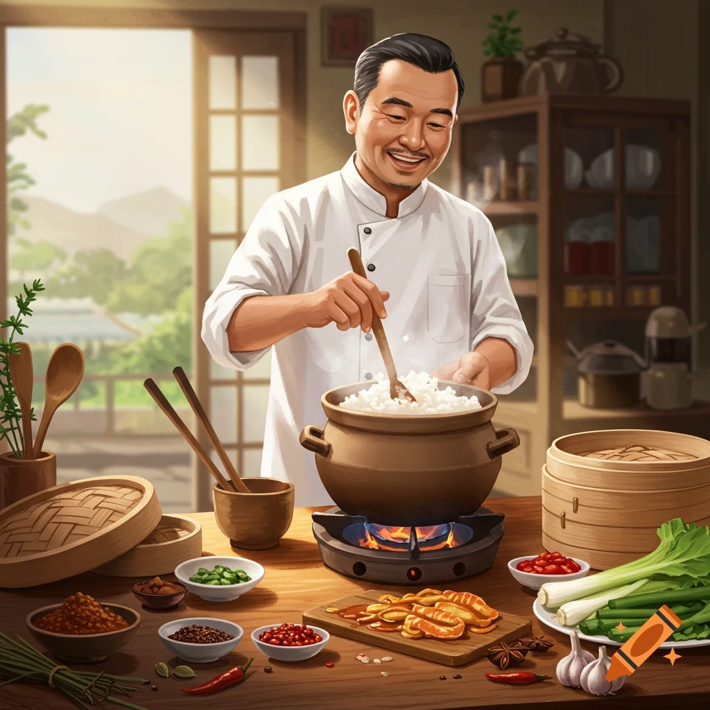 A smiling Chinese man cooks rice in a pot in a kitchen setting with ingredients on the table.