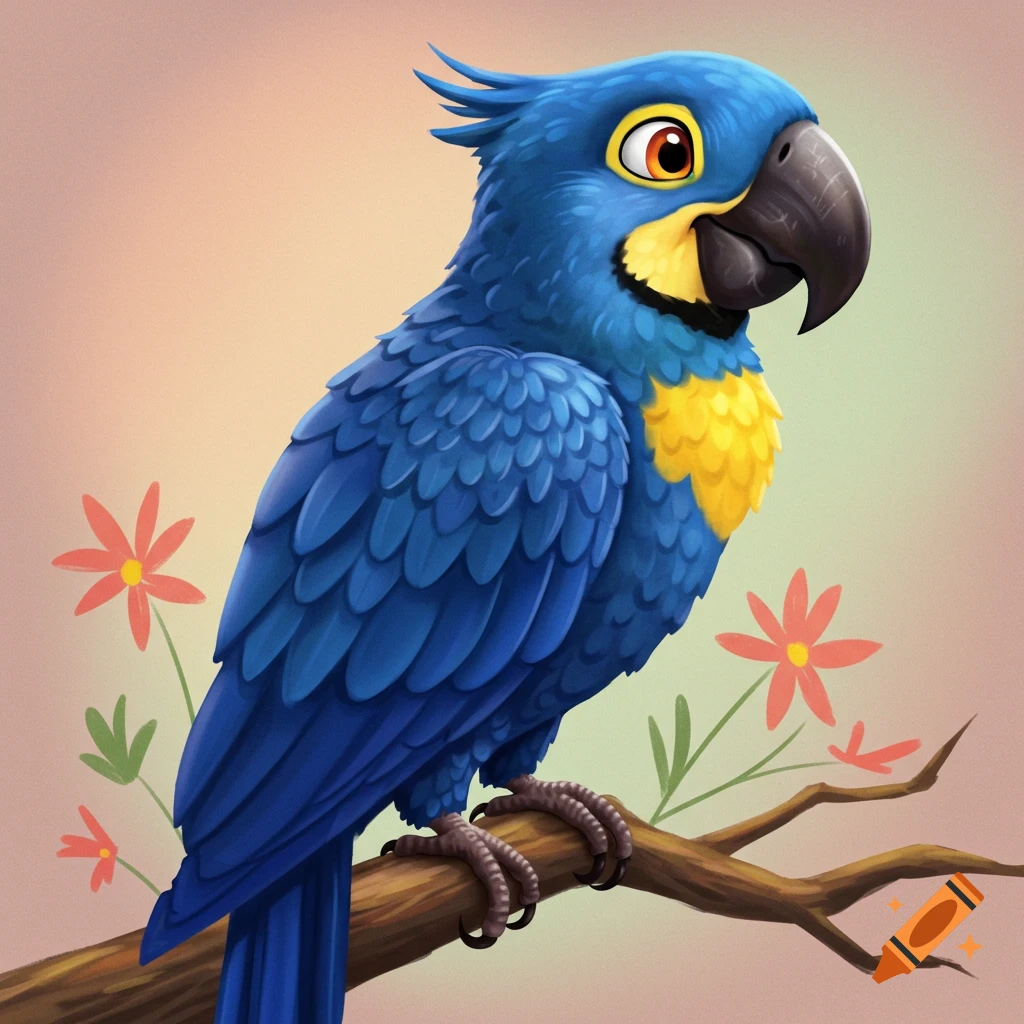 A cartoon blue macaw perches on a branch with flowers in the background.