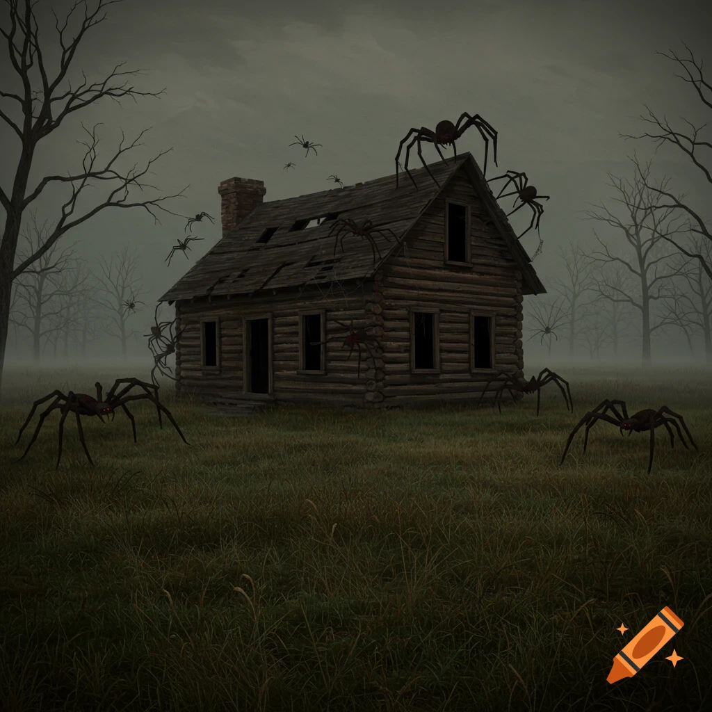 A dilapidated log cabin in a foggy field is covered in large spiders.