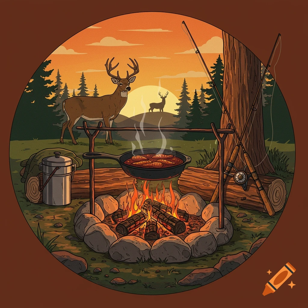Illustration of a campfire cooking scene with deer and fishing rods at sunset.