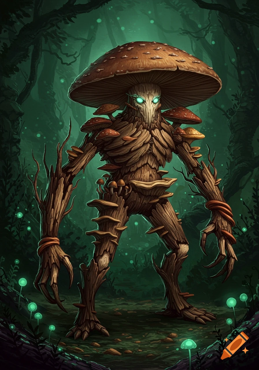 Dark fantasy illustration of a mushroom monster in a forest.