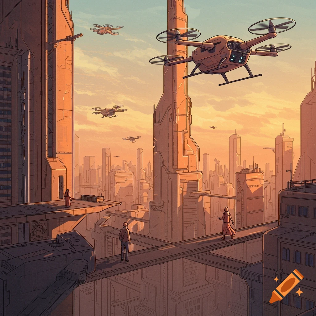 A futuristic city with tall buildings, elevated walkways with people, and drones flying at sunset in an illustrated style.
