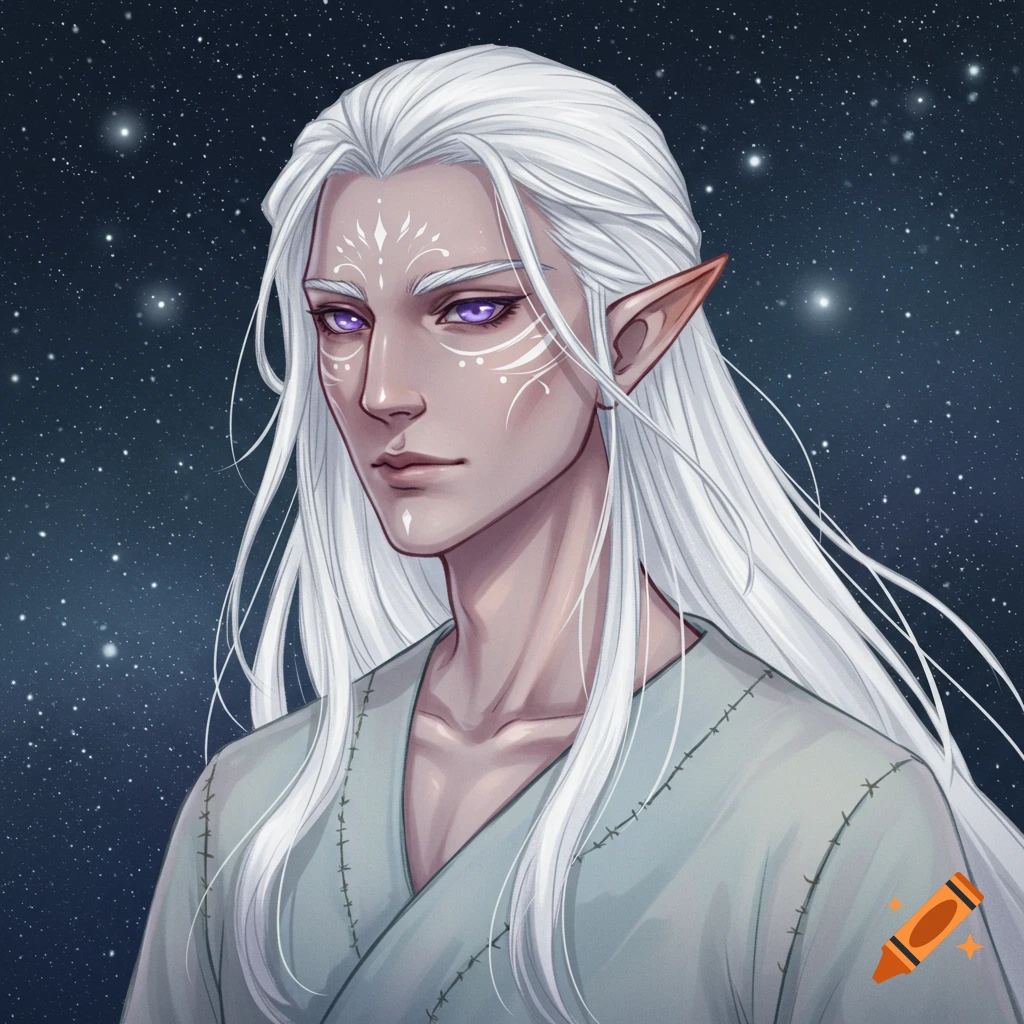 A portrait of a white-haired elven man with purple eyes and face markings against a starry sky, in an anime style.