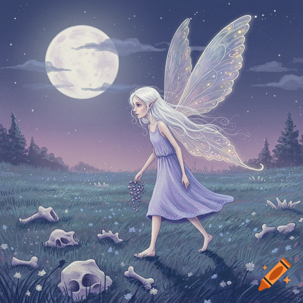 Illustration of a pale fairy walking in a moonlit field scattered with animal bones.