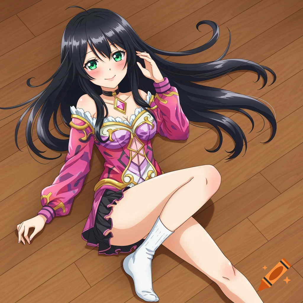Anime girl with black hair lying on a wooden floor in a pink and purple dress.