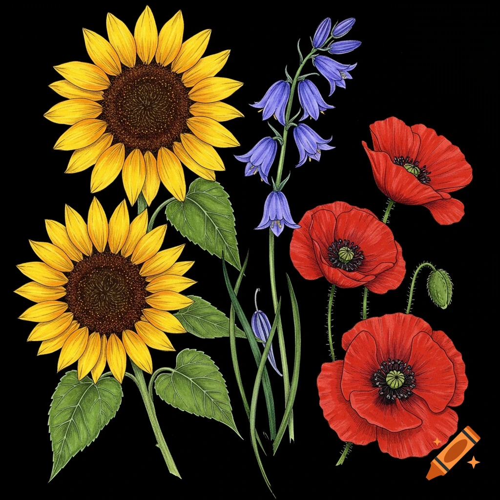 Drawing of sunflowers, bluebells, and poppies on a black background.