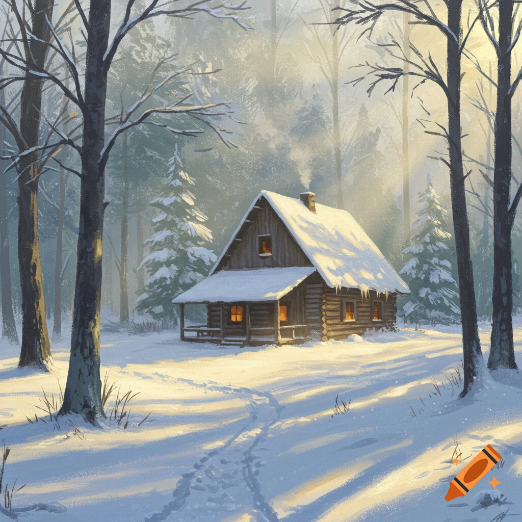 Painted scene of a cozy wooden cabin in snowy woods with morning light
