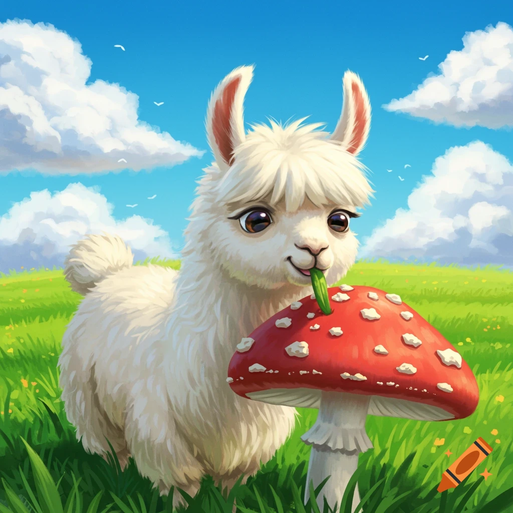Fluffy white llama eating a large red mushroom in a bright green field under a blue sky, illustration.