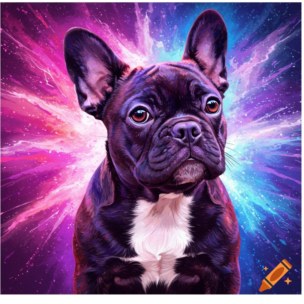 Black French bulldog against a bright, colorful psychedelic background.