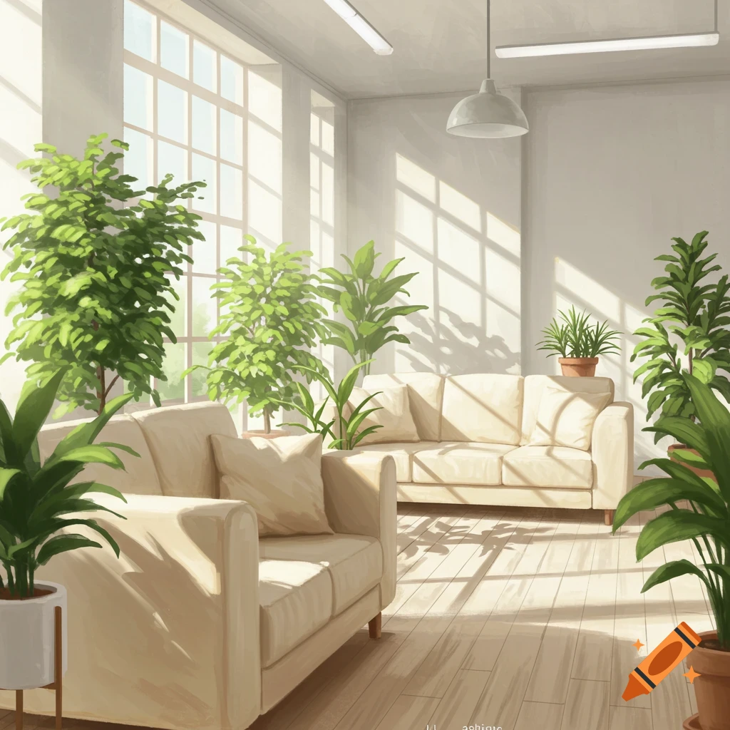 A bright, sunlit room with two beige sofas and numerous potted plants, rendered in a painterly style.