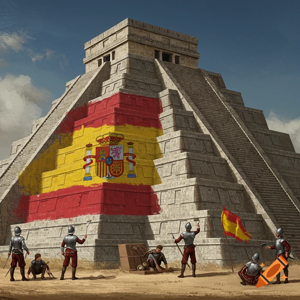 Spanish conquistadors painting a large Spanish flag onto an ancient pyramid in a desert scene.