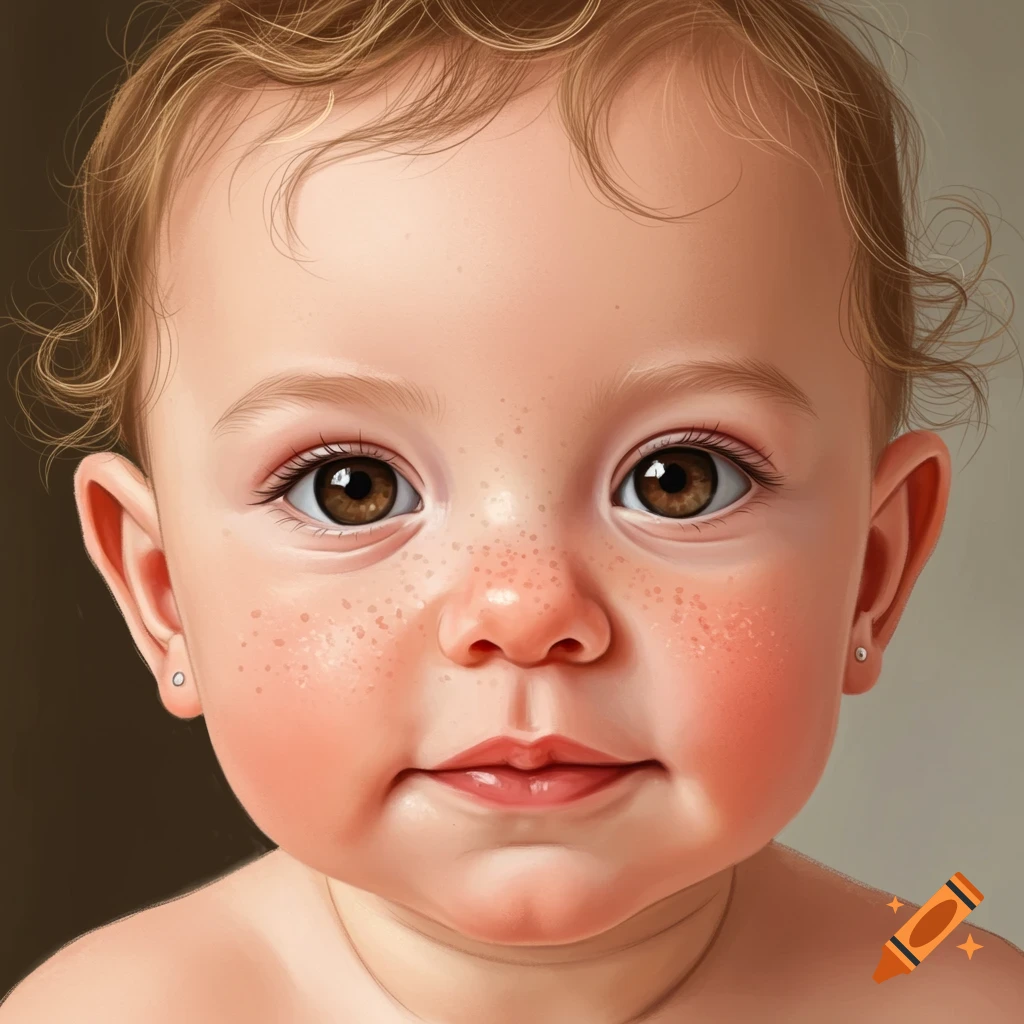 Close-up rendered portrait of a baby's face with freckles.