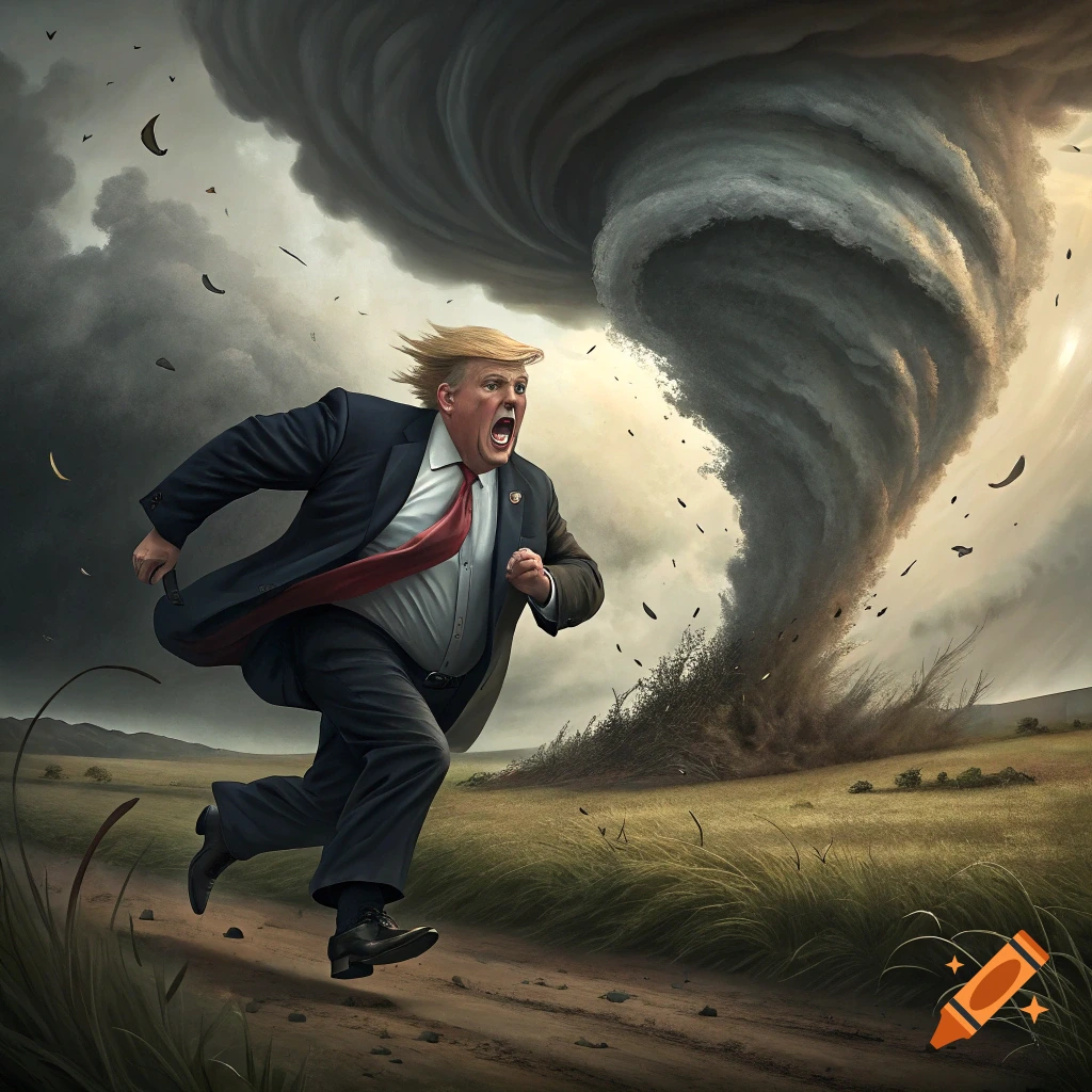 A person resembling Trump running from a large tornado in a field.