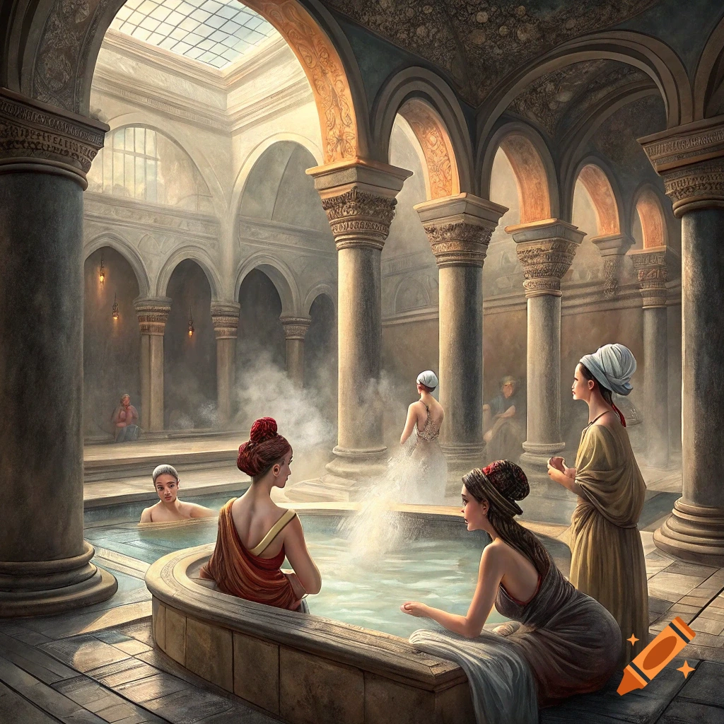 Several women relax in a pool within a grand historical bathhouse with pillars and arches.