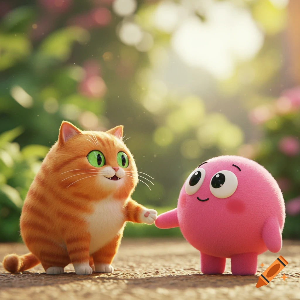 A fluffy orange cat and a pink spherical character reach out to each other outdoors in a 3D animation style.