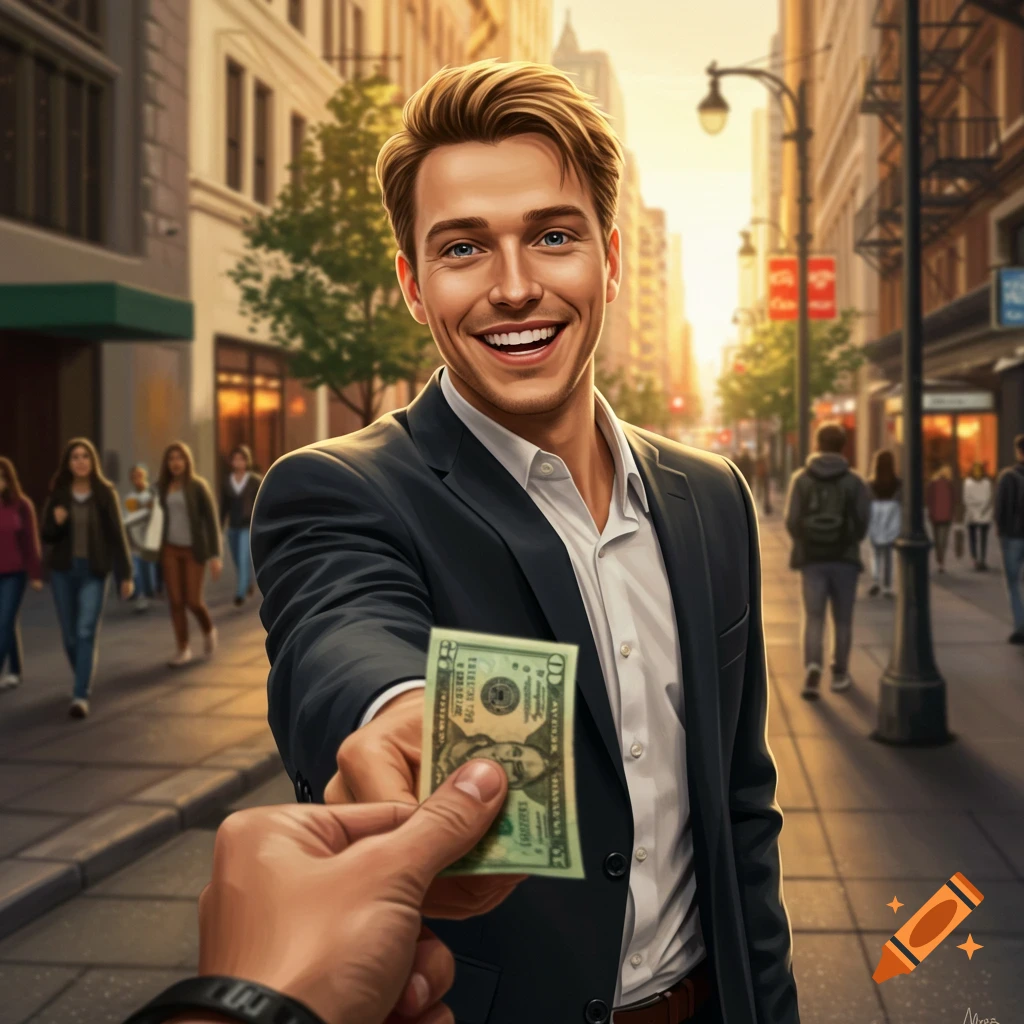 Smiling man in suit on city street hands a twenty-dollar bill to another person.