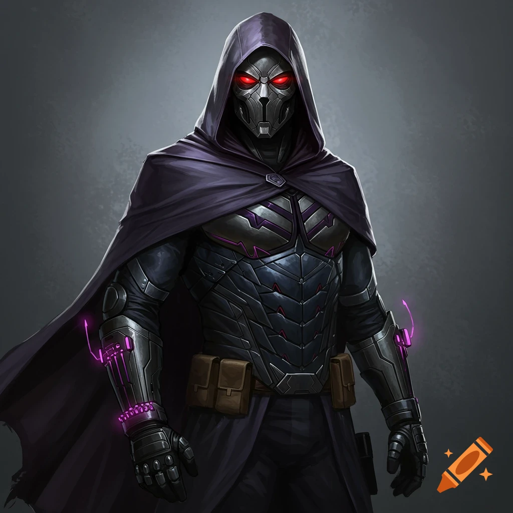 A masked character in dark futuristic armor and a hooded cloak with glowing red eyes.
