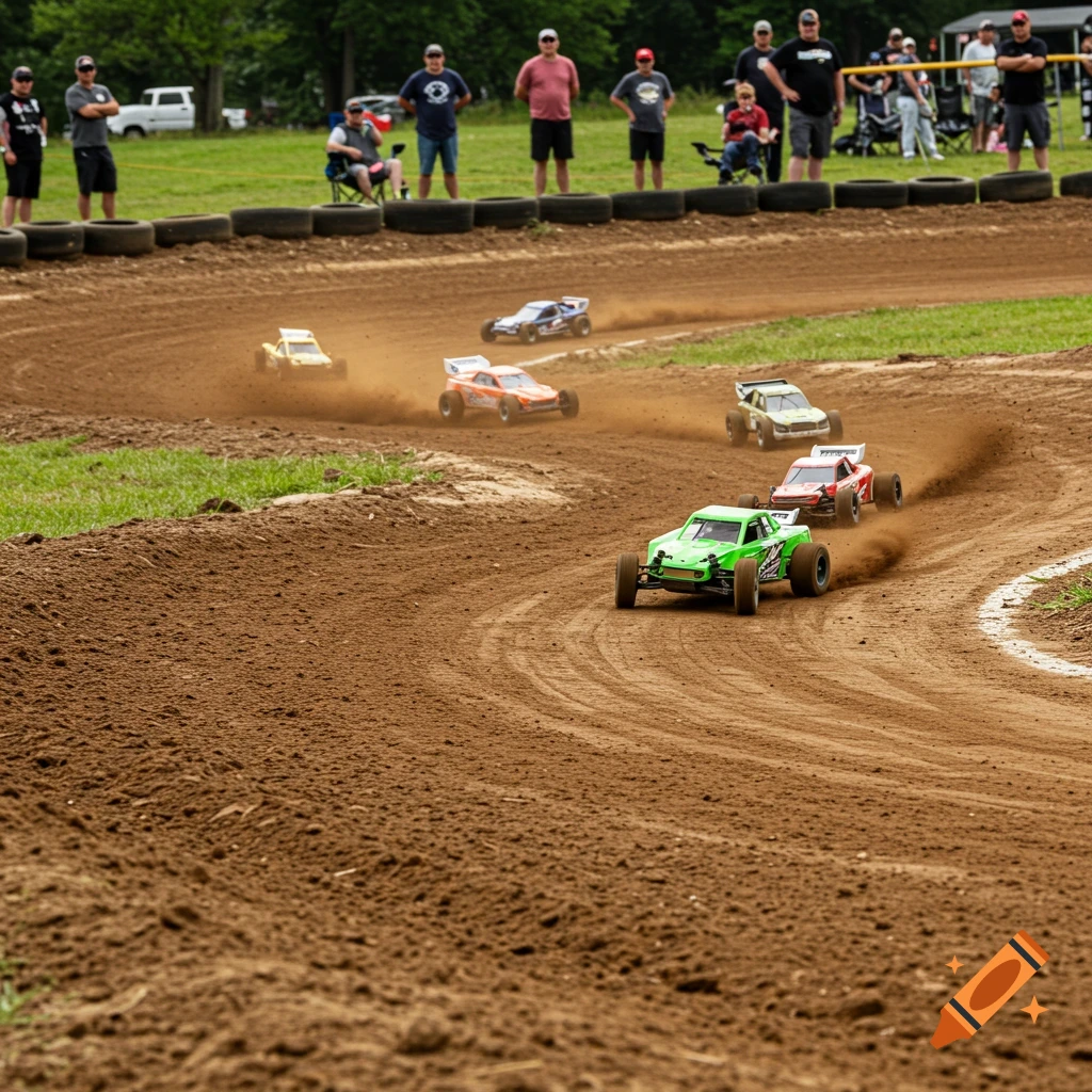 RC cars race on a dirt oval track kicking up dust, with spectators watching in the background.