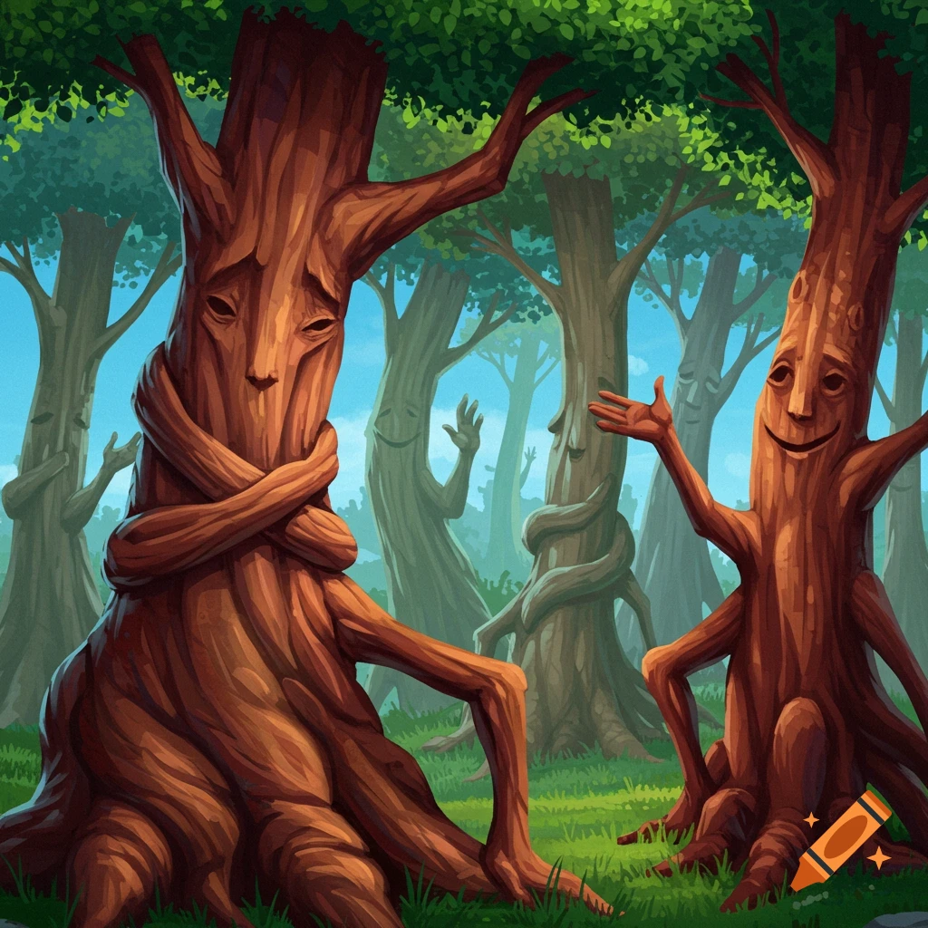 Cartoon illustration of animated trees with faces and limbs in a forest.