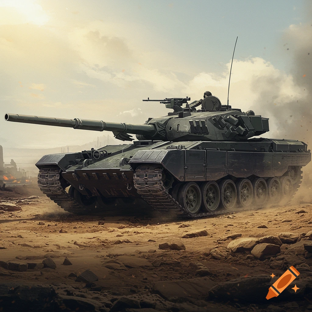 A large military tank sits on rocky terrain in a desert battle zone.