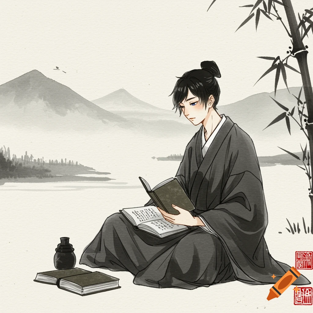 Anime-style young man reads a book in a traditional ink-wash landscape with mountains and bamboo.