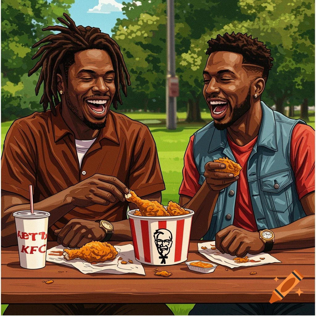 Two men laughing and eating fried chicken from a KFC bucket and cup at an outdoor table.