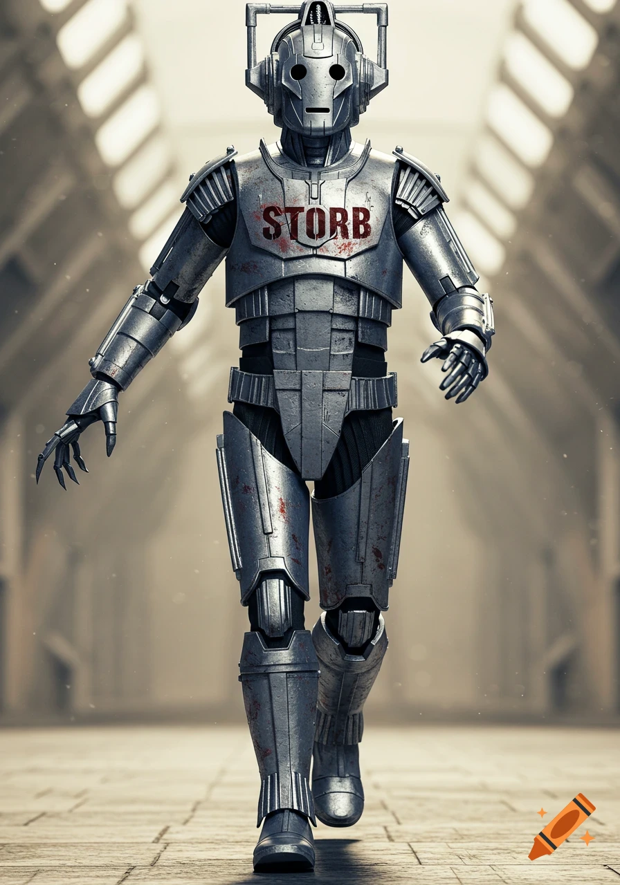A detailed image of a metallic Cyberman robot with the word 'STORB' on its chest, walking in a futuristic hallway.