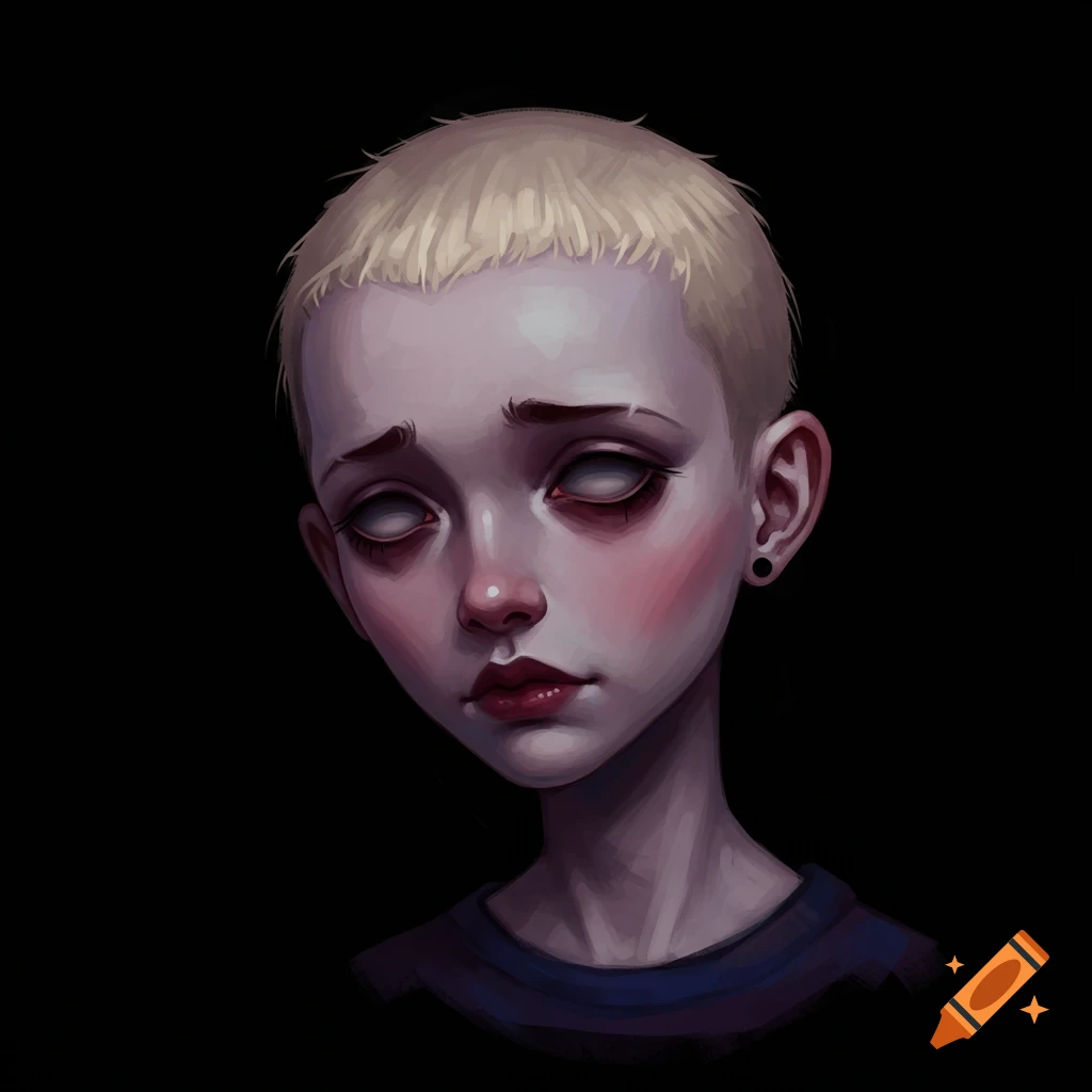 Stylized portrait of a person with short blonde hair, pale skin, and white eyes with dark circles.