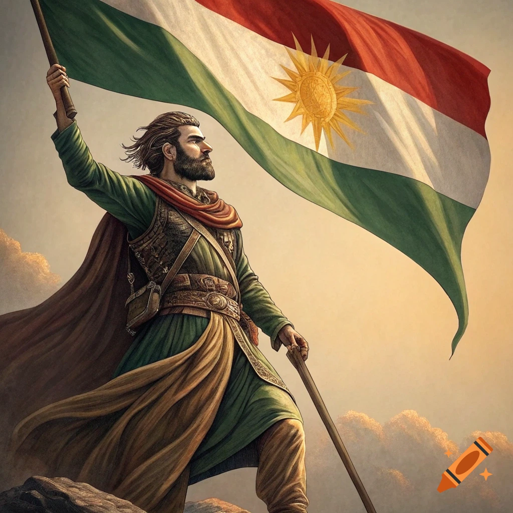 Man in historical clothes holding the flag of Kurdistan on a rocky hill.