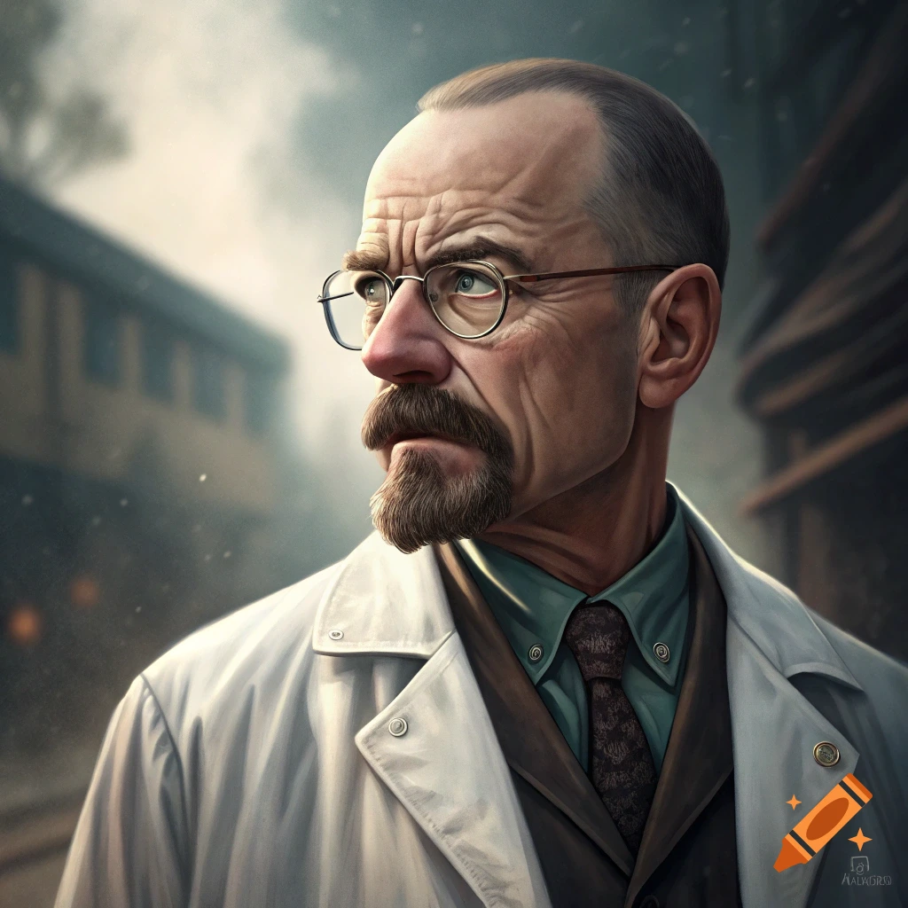Realistic portrait of a man resembling Walter White wearing glasses and a white lab coat.