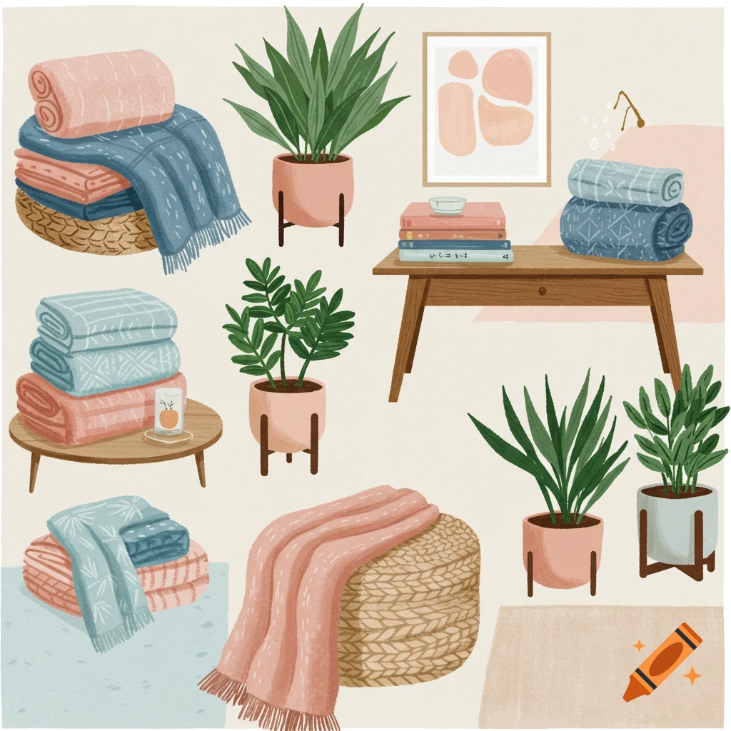 Illustration of home decor items including stacks of pink and blue towels/blankets, potted plants, and books on a table.