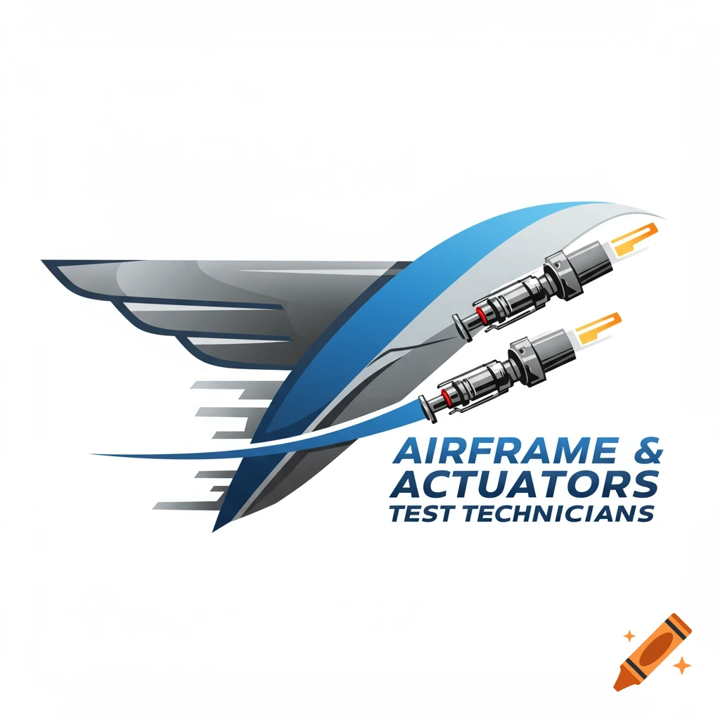Stylized logo with a grey wing, blue swoosh, mechanical parts, and text 'AIRFRAME & ACTUATORS TEST TECHNICIANS'.