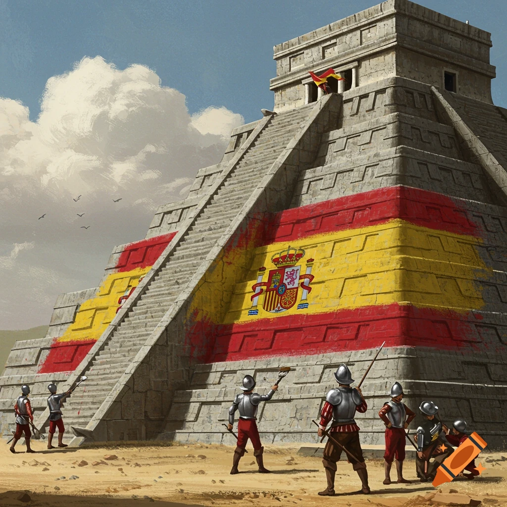 Illustration of Spanish conquistadors painting a large Spanish flag on an ancient stone pyramid.
