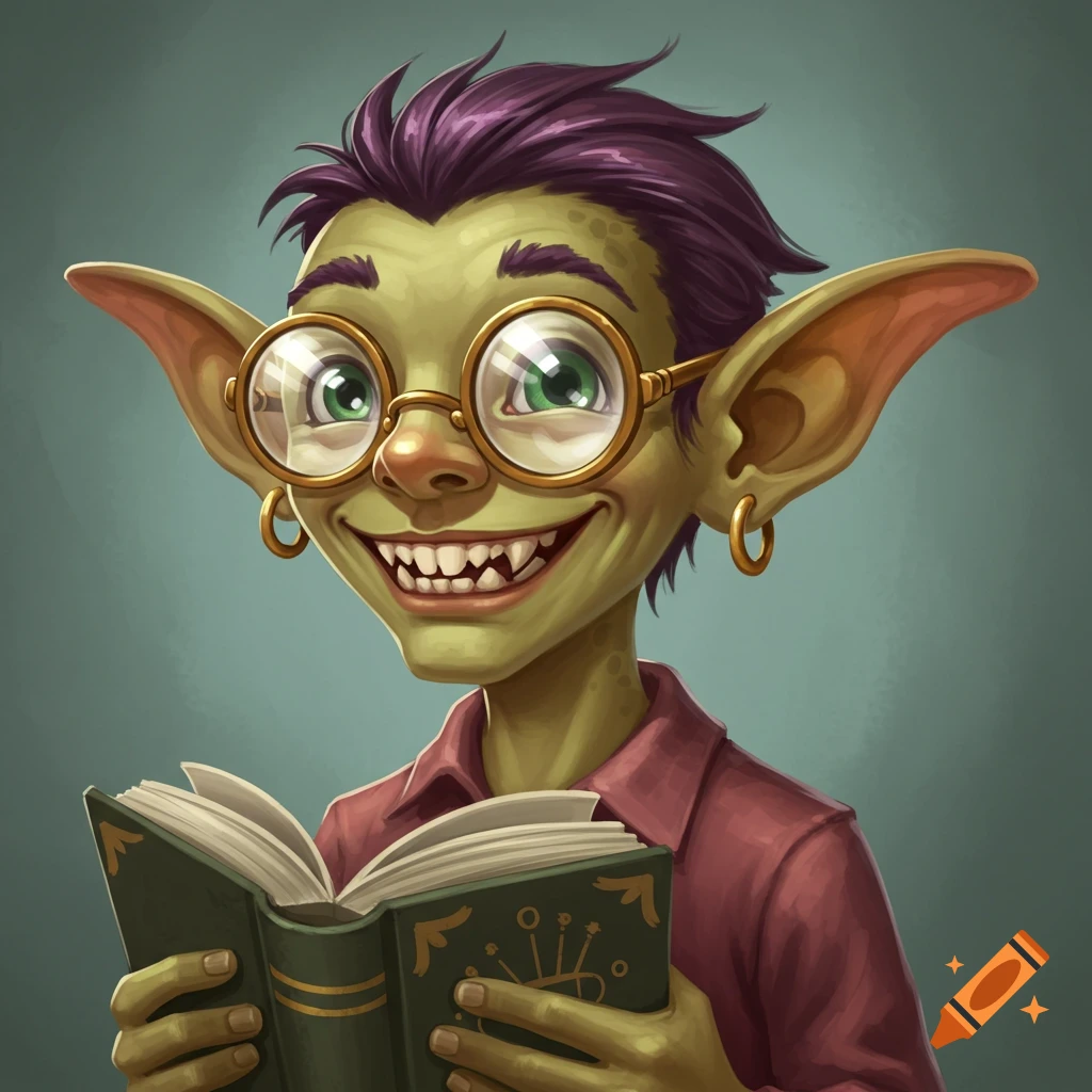 A friendly cartoon goblin with large glasses and pointed ears smiles while reading a book.