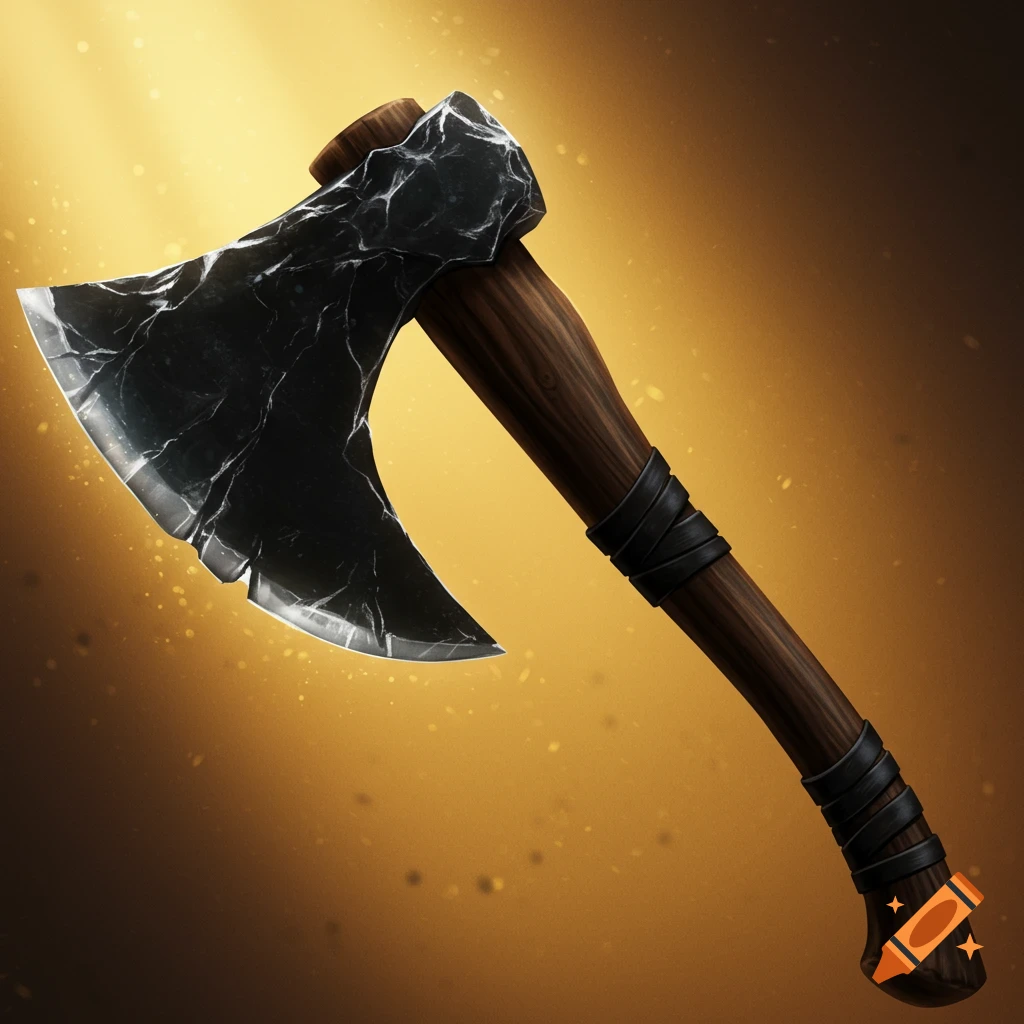 A stylized axe with a dark stone blade and wooden handle against a golden background.