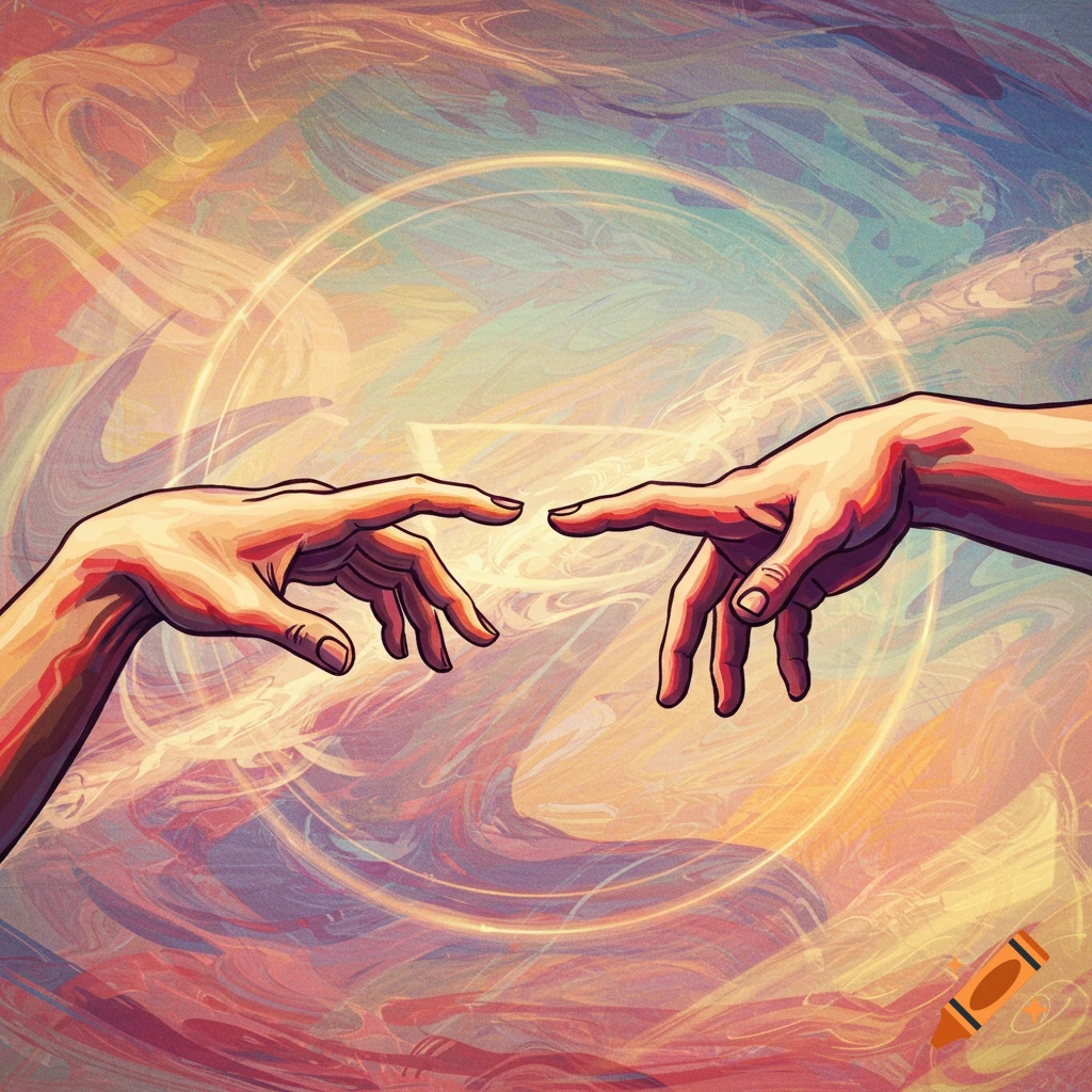 Two hands reaching towards each other against an abstract background of color swirls, graphic art style.