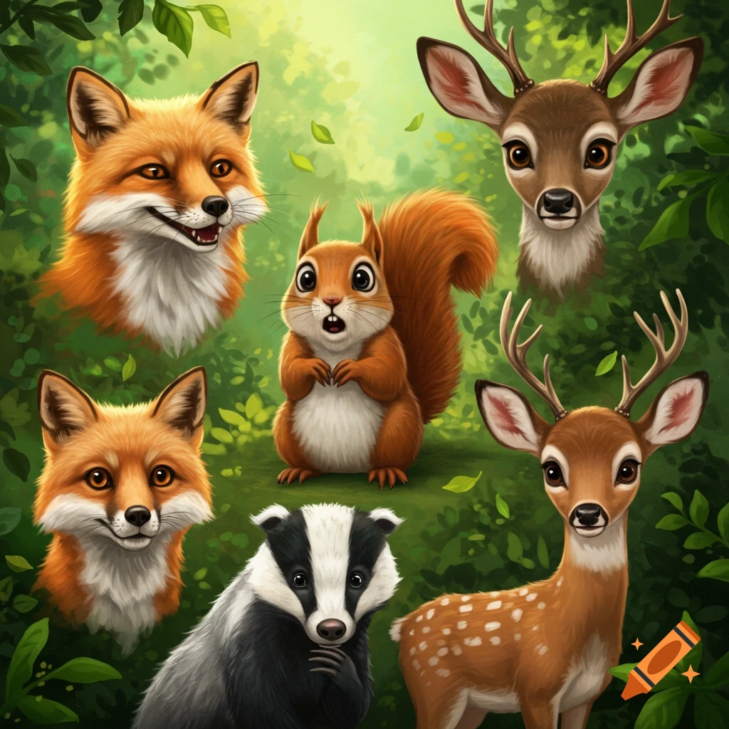 Cute cartoon illustration of woodland animals including foxes, squirrel, badger, and deer in a forest.