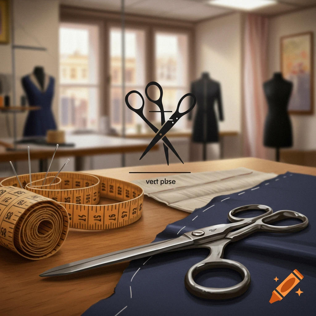 A sewing room scene with a tape measure, scissors, fabric, and mannequins, featuring a scissors logo.