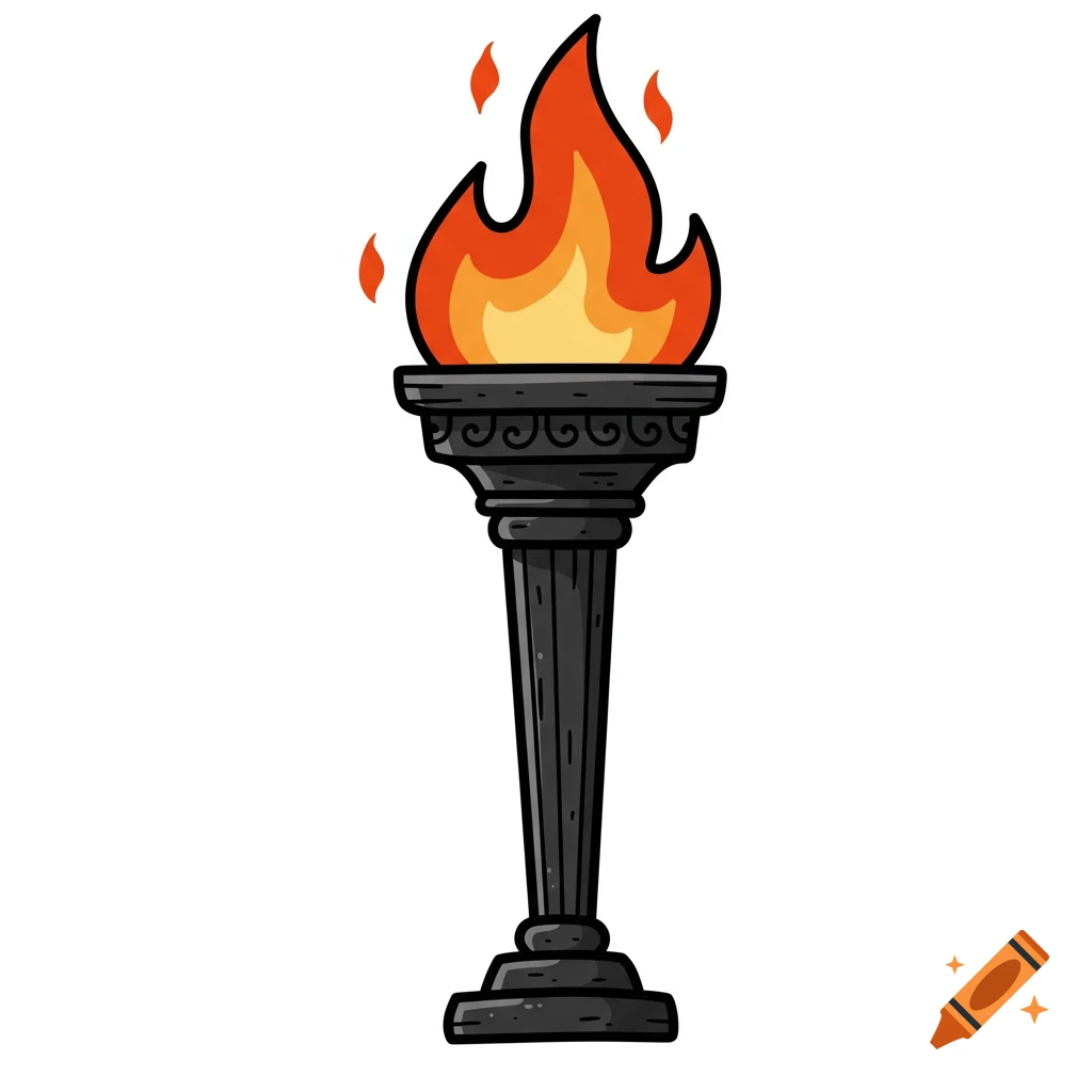 A cartoon illustration of an ancient Greek torch with a black base and orange flame on a white background.