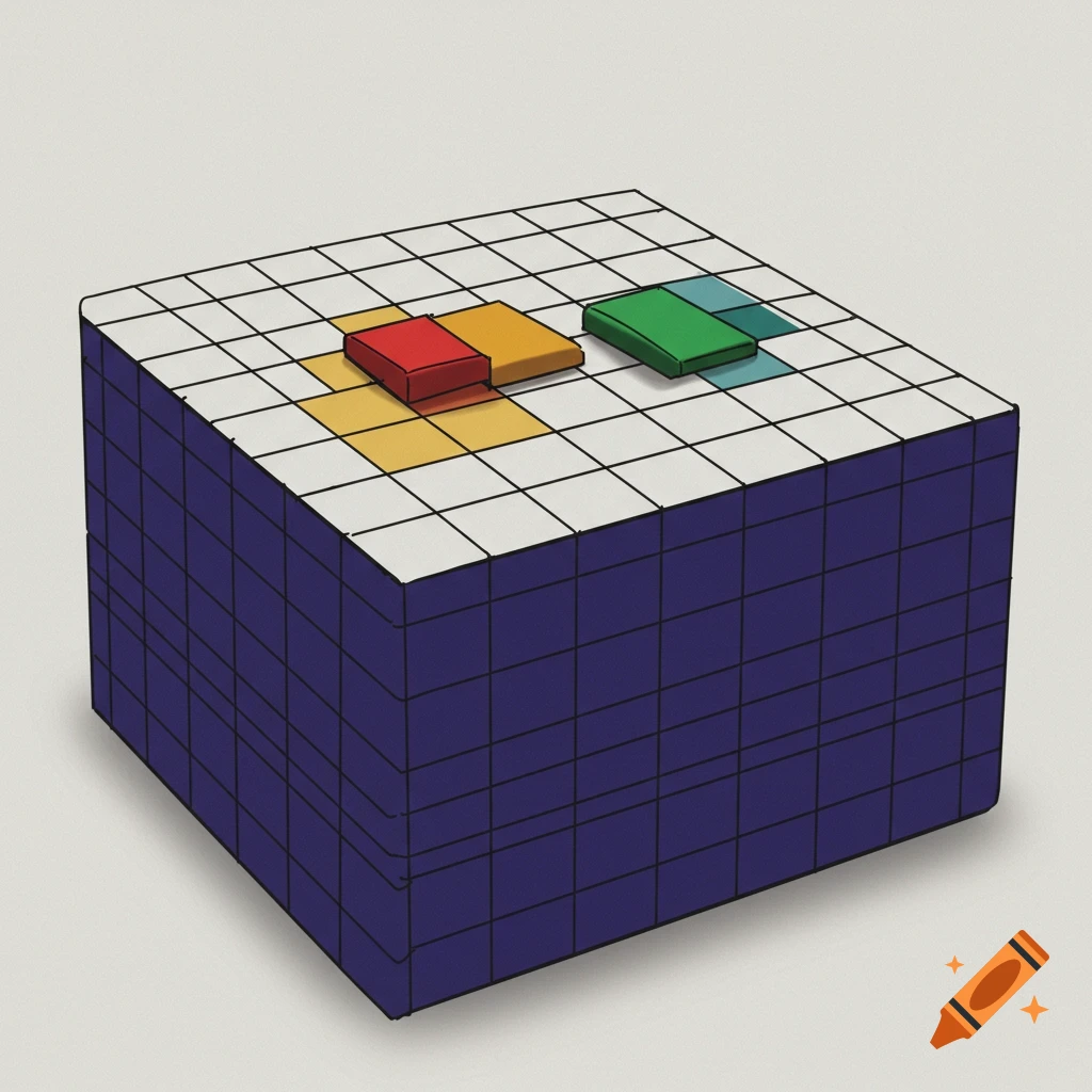 Illustration of a blue cube with a grid top and colored blocks.