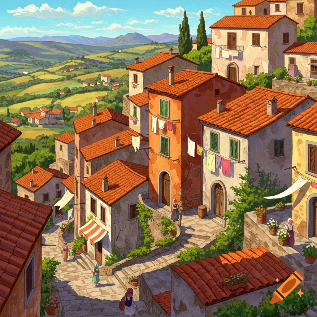 Illustration of a hillside Italian village with red roofs, cobblestone streets, and people walking.