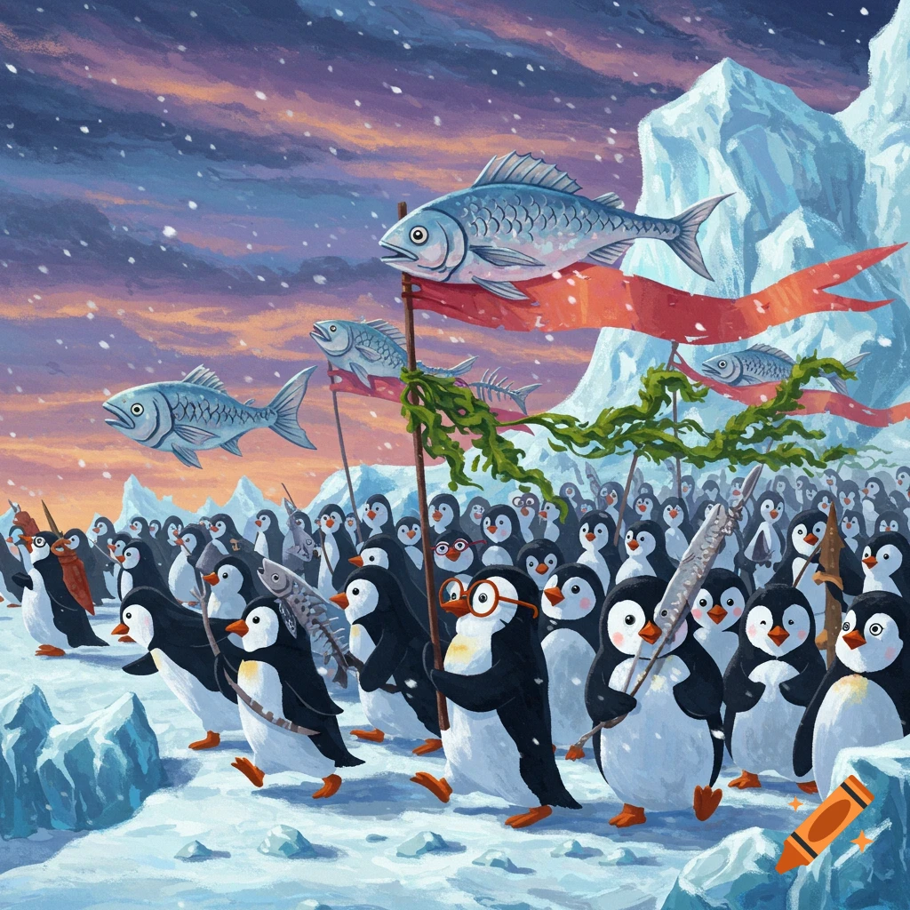 A large group of penguins marches in snow, carrying fish banners and skeletons. Painterly style.
