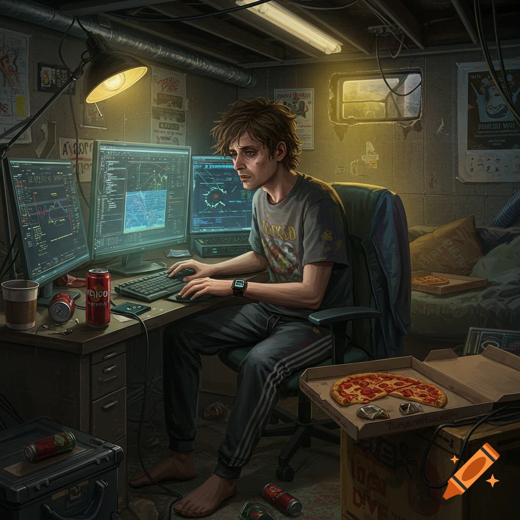 Person in a messy basement room intensely using multiple computer monitors.