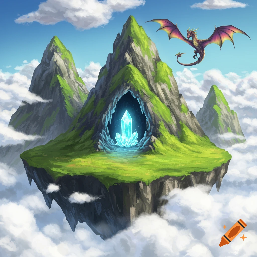 A dragon flies over a floating island mountain with a glowing blue crystal in a cave.