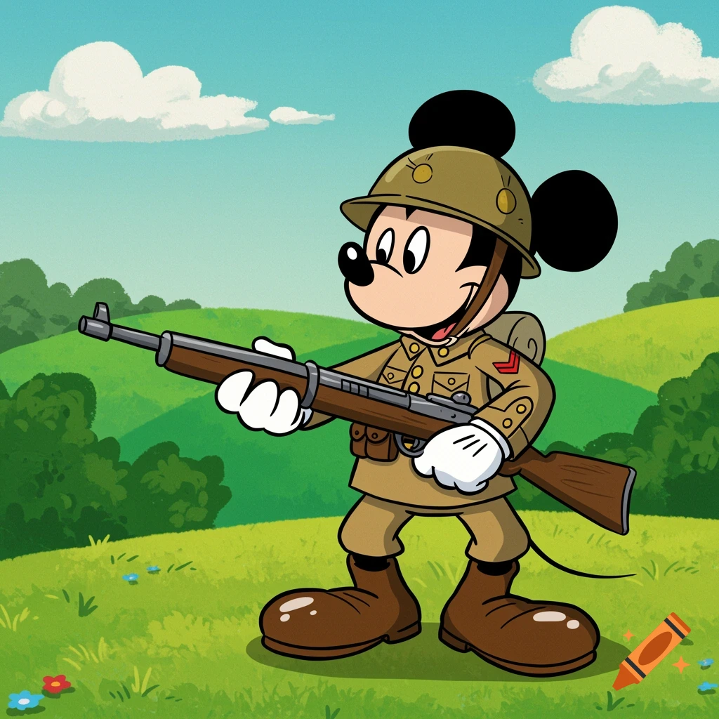 Cartoon Mickey Mouse dressed as a soldier holds a rifle in a grassy field.