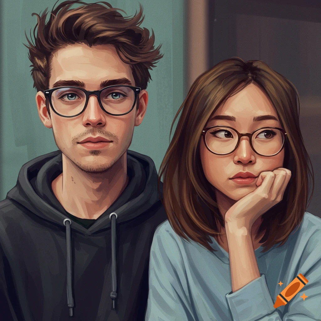 Illustrated portrait of a young man and woman with glasses.
